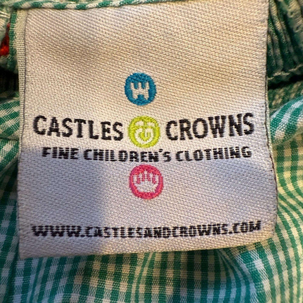 Castles & Crowns Green Gingham Smocked Baby Romper with Red Trim - Picture 3 of 5
